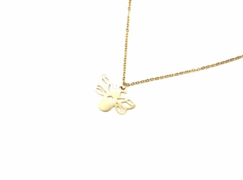 Collier-Fine-Chaine-Pendentif-Abeille-Ailes-Ajourees-Acier-Dore