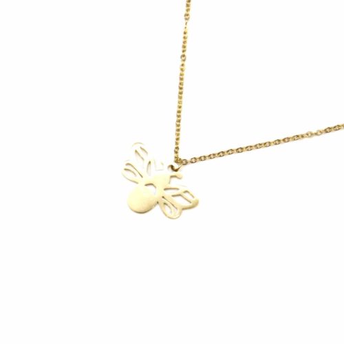 Collier-Fine-Chaine-Pendentif-Abeille-Ailes-Ajourees-Acier-Dore