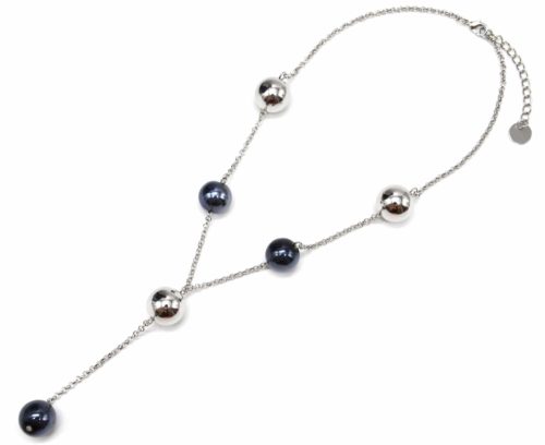 Collier-Fine-Chaine-avec-Boules-Metallisees-ArgenteGris-Bleu