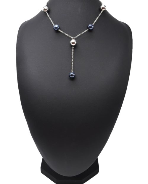 Collier-Fine-Chaine-avec-Boules-Metallisees-ArgenteGris-Bleu