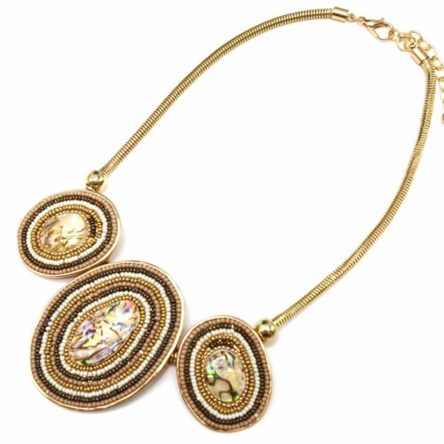 Necklace-breastplate-pendant-Multi-oval-mother-of-pearl-Reflections-beads-Taupe-and-Metal-Dore
