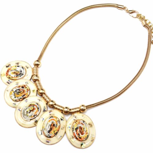 Necklace-breastplate-pendant-Multi-oval-Email-Beige-ribbons-and-Metal-Dore