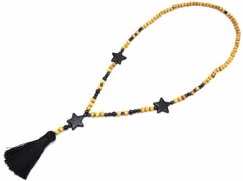 Sautoir-Collier-Perles-Bois-et-Effet-Marbre-avec-Triple-Etoiles-Pierre-et-Pompon-Noir