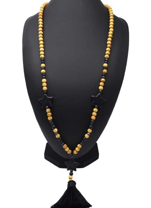 Sautoir-Collier-Perles-Bois-et-Effet-Marbre-avec-Triple-Etoiles-Pierre-et-Pompon-Noir