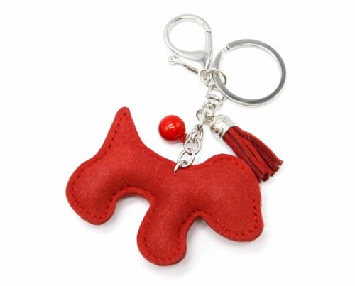 Porte-Cles-Bijou-de-Sac-Chien-Dalmatien-Strass-Bicolore-et-Feutrine-RougeArgente