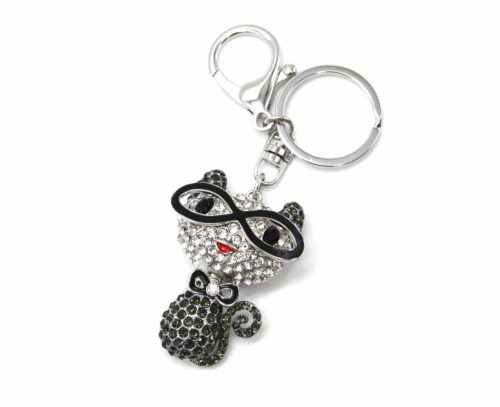 Porte-Cles-Bijou-de-Sac-Chat-Strass-Metal-GrisArgente-avec-Lunettes-et-Noeud-Papillon