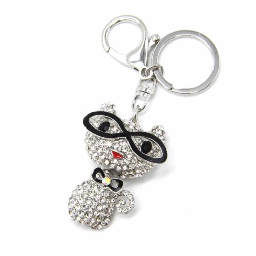 Porte-Cles-Bijou-de-Sac-Chat-Strass-Metal-Argente-avec-Lunettes-et-Noeud-Papillon