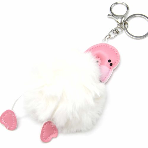 Porte-Cles-Bijou-de-Sac-Flamant-Rose-Simili-Cuir-avec-Pompon-Fourrure-Blanc