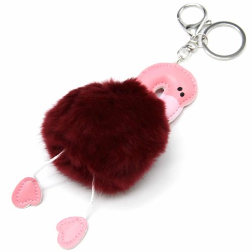 Porte-Cles-Bijou-de-Sac-Flamant-Rose-Simili-Cuir-avec-Pompon-Fourrure-Bordeaux