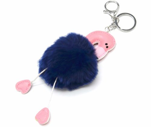 Porte-Cles-Bijou-de-Sac-Flamant-Rose-Simili-Cuir-avec-Pompon-Fourrure-Bleu-Marine