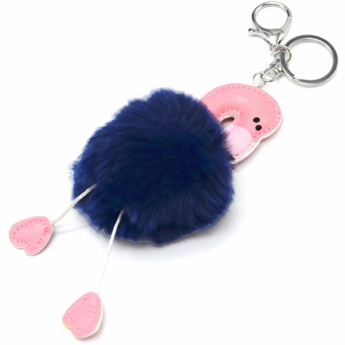 Porte-Cles-Bijou-de-Sac-Flamant-Rose-Simili-Cuir-avec-Pompon-Fourrure-Bleu-Marine