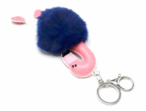 Porte-Cles-Bijou-de-Sac-Flamant-Rose-Simili-Cuir-avec-Pompon-Fourrure-Bleu-Marine