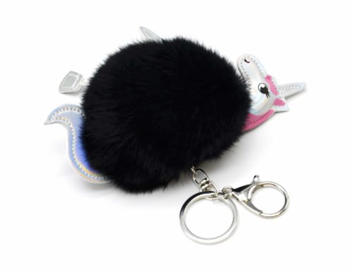 Porte-Cles-Bijou-de-Sac-Licorne-Simili-Cuir-avec-Pompon-Fourrure-Noir