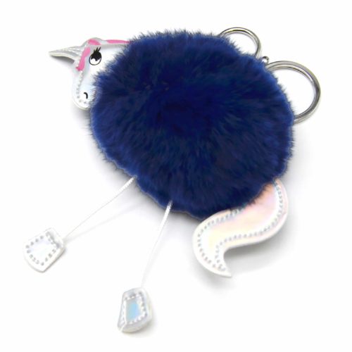 Porte-Cles-Bijou-de-Sac-Licorne-Simili-Cuir-avec-Pompon-Fourrure-Bleu-Marine