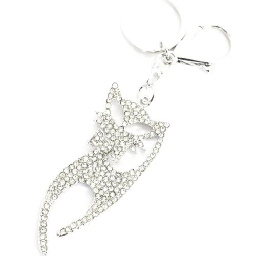 Porte-Cles-Bijou-de-Sac-Chat-Strass-Argente-avec-Noeud