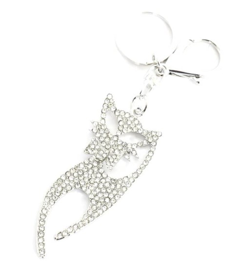 Porte-Cles-Bijou-de-Sac-Chat-Strass-Argente-avec-Noeud