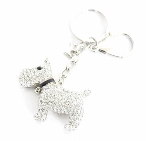 Porte-Cles-Bijou-de-Sac-Chien-Strass-Argente-avec-Col