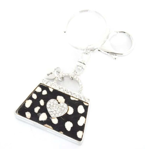 Porte-Cles-Bijou-de-Sac-Sac-Trapeze-Motif-Animal-NoirEcru-avec-Contour-Strass-Argente