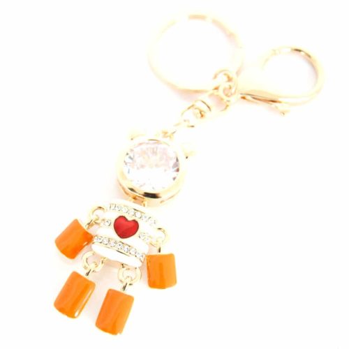 Porte-Cles-Bijou-de-Sac-Ourson-Robot-Metal-Peint-EcruOrange-avec-Strass-et-Pierre