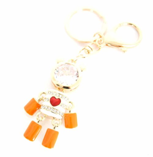 Porte-Cles-Bijou-de-Sac-Ourson-Robot-Metal-Peint-EcruOrange-avec-Strass-et-Pierre