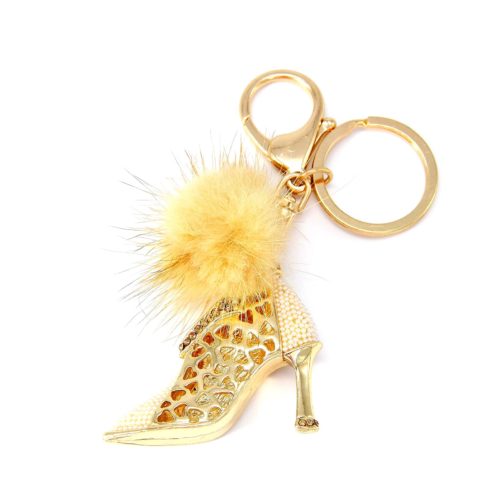 Porte-Cles-Bijou-de-Sac-Bottine-Talon-Strass-Dore-et-Pompon-Beige