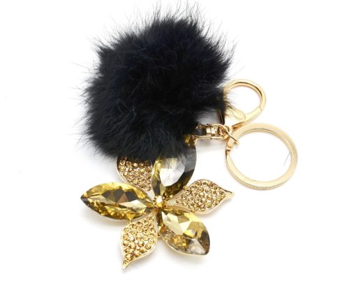 Porte-Cles-Bijou-de-Sac-Fleur-Petales-Pierres-Strass-Dore-et-Pompon-Noir