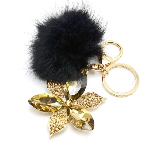 Porte-Cles-Bijou-de-Sac-Fleur-Petales-Pierres-Strass-Dore-et-Pompon-Noir