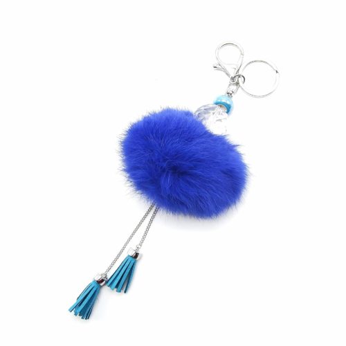 Porte-Cles-Bijou-de-Sac-Boule-Facettes-Gros-Pompon-et-Franges-Bleu