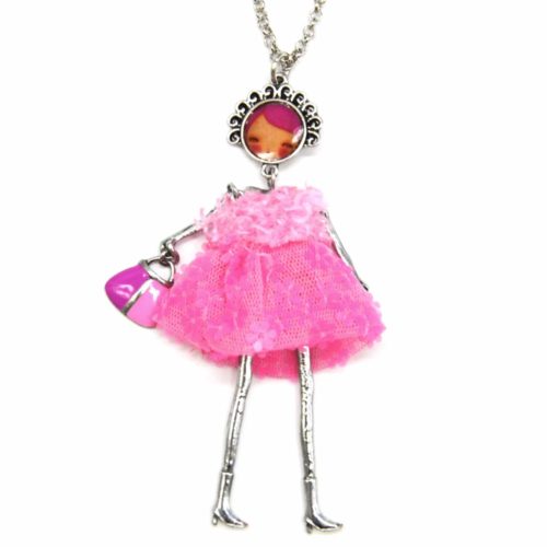 Sautoir-Collier-Pendentif-Poupee-Articulee-Femme-Robe-Fourrure-et-Jupe-Sequins-Fleurs-Rose