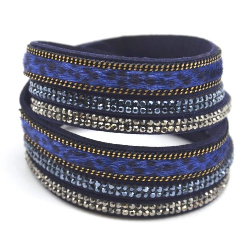 Bracelet-Slake-Double-Tour-Leopard-Fourrure-Bleu-Marine-Feutrine-et-2-Rangees-de-Strass