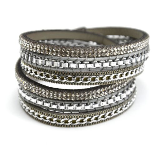 Bracelet-Double-Tour-Multi-Rangs-Feutrine-Gris-avec-Strass-Chaines-Maillons