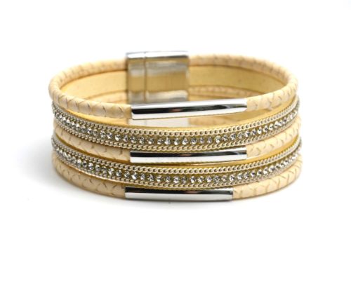 Bracelet-Manchette-Multi-Rangs-Simili-Cuir-Ecailles-Beige-Strass-et-Tubes-Metal