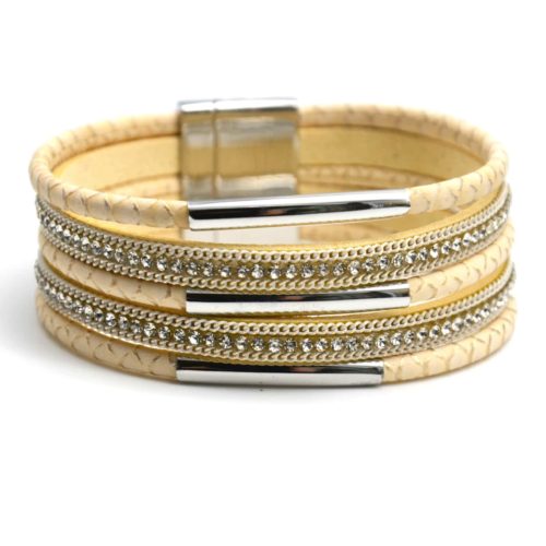 Bracelet-Manchette-Multi-Rangs-Simili-Cuir-Ecailles-Beige-Strass-et-Tubes-Metal