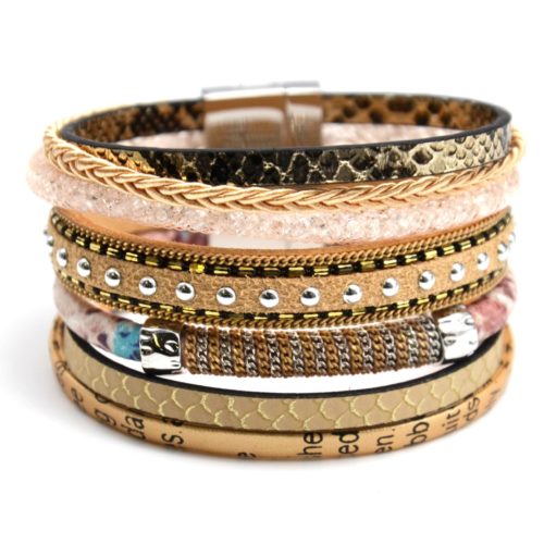 Bracelet-Manchette-Multi-Rangs-Ecailles-Tresse-Resille-Clous-et-Chaine-Beige