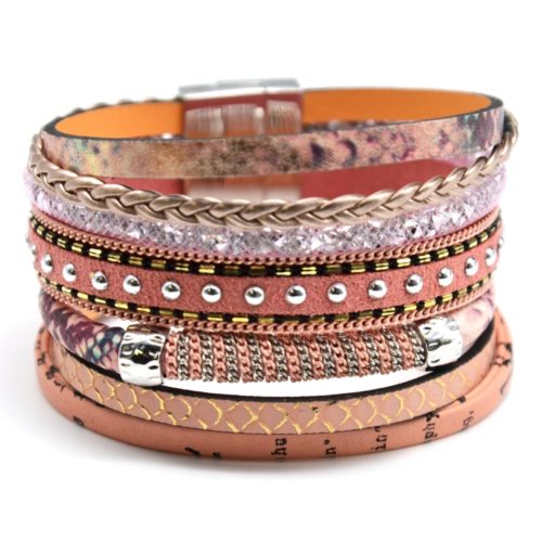 Bracelet-Manchette-Multi-Rangs-Ecailles-Tresse-Resille-Clous-et-Chaine-Rose