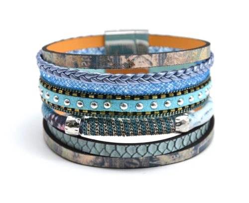 Bracelet-Manchette-Multi-Rangs-Ecailles-Tresse-Resille-Clous-et-Chaine-Bleu