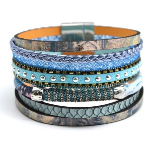 Bracelet-Manchette-Multi-Rangs-Ecailles-Tresse-Resille-Clous-et-Chaine-Bleu
