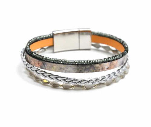 Bracelet-Manchette-Multi-Rangs-Simili-Cuir-Brillant-Tresse-et-Perles-Gris