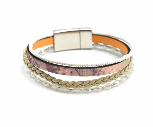 Bracelet-Manchette-Multi-Rangs-Simili-Cuir-Brillant-Tresse-et-Perles-Blanc