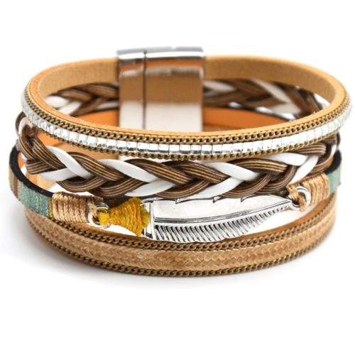 Bracelet-Manchette-Multi-Rangs-Cordon-Tresse-Pierres-avec-Charm-Plume-Metal-BeigeArgente