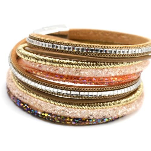 Bracelet-Double-Tour-Multi-Rangs-Cordon-Mouchete-Fil-Brillant-Enroule-Pierres-et-Tube-Resille-Beige