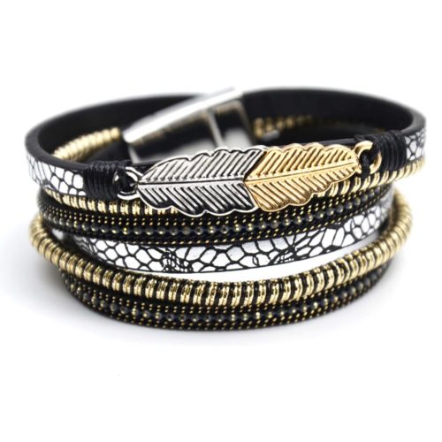 Bracelet-Double-Tour-Cuir-Motif-Satine-Fils-Enroules-Chaines-Noir-et-Charm-Plume-Metal-Bicolore