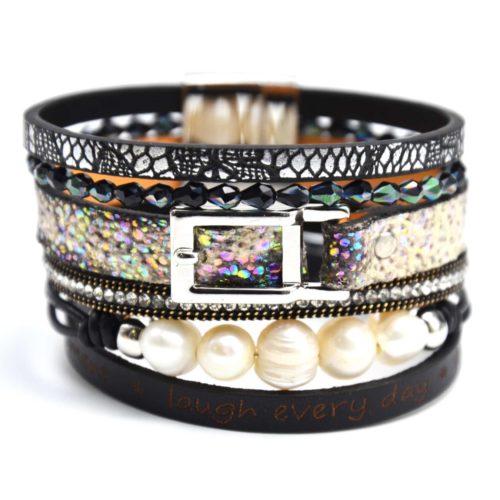 Bracelet-Manchette-Cuir-Motif-Satine-Hologramme-Boucle-Strass-Message-Noir-et-Perles-dEau-Douce