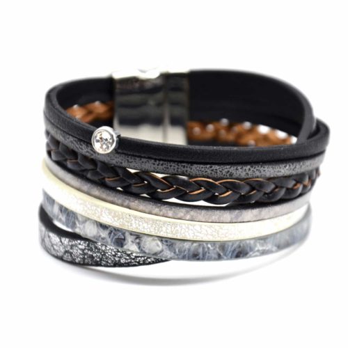 Bracelet-Manchette-Multi-Rangs-Croises-Simili-Cuir-Satine-avec-Pierre-et-Tresse-Noir