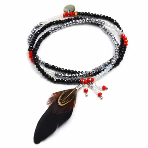 Bracelet-Triple-Tour-Mini-Perles-Brillantes-Multicolore-avec-Plume-Ethnique-Noir