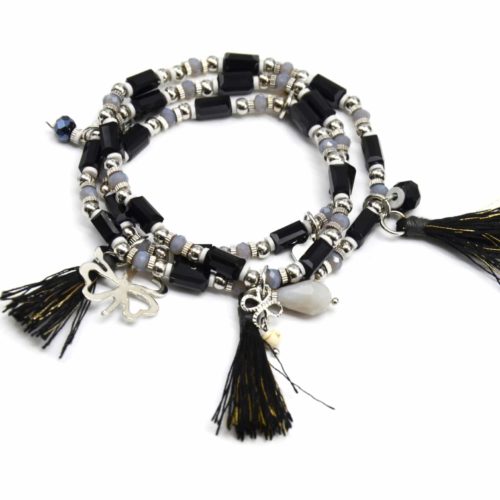 Bracelet-Triple-Tour-Pierres-Assorties-avec-Charm-Trefle-Metal-et-Pompons-Ethnique-Noir