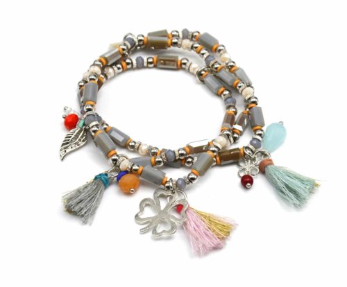 Bracelet-Triple-Tour-Pierres-Assorties-avec-Charm-Trefle-Metal-et-Pompons-Ethnique-Gris