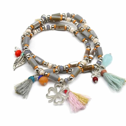 Bracelet-Triple-tower-stones-assorted-with-Charm-clover-Metal-and-pompoms-ethnic-grey