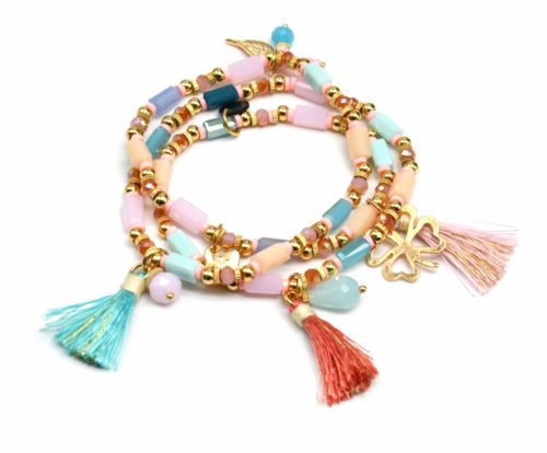 Bracelet-Triple-Tour-Pierres-Assorties-avec-Charm-Trefle-Metal-et-Pompons-Ethnique-Multicolore-Pastel