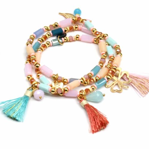 Bracelet-Triple-Tour-Pierres-Assorties-avec-Charm-Trefle-Metal-et-Pompons-Ethnique-Multicolore-Pastel